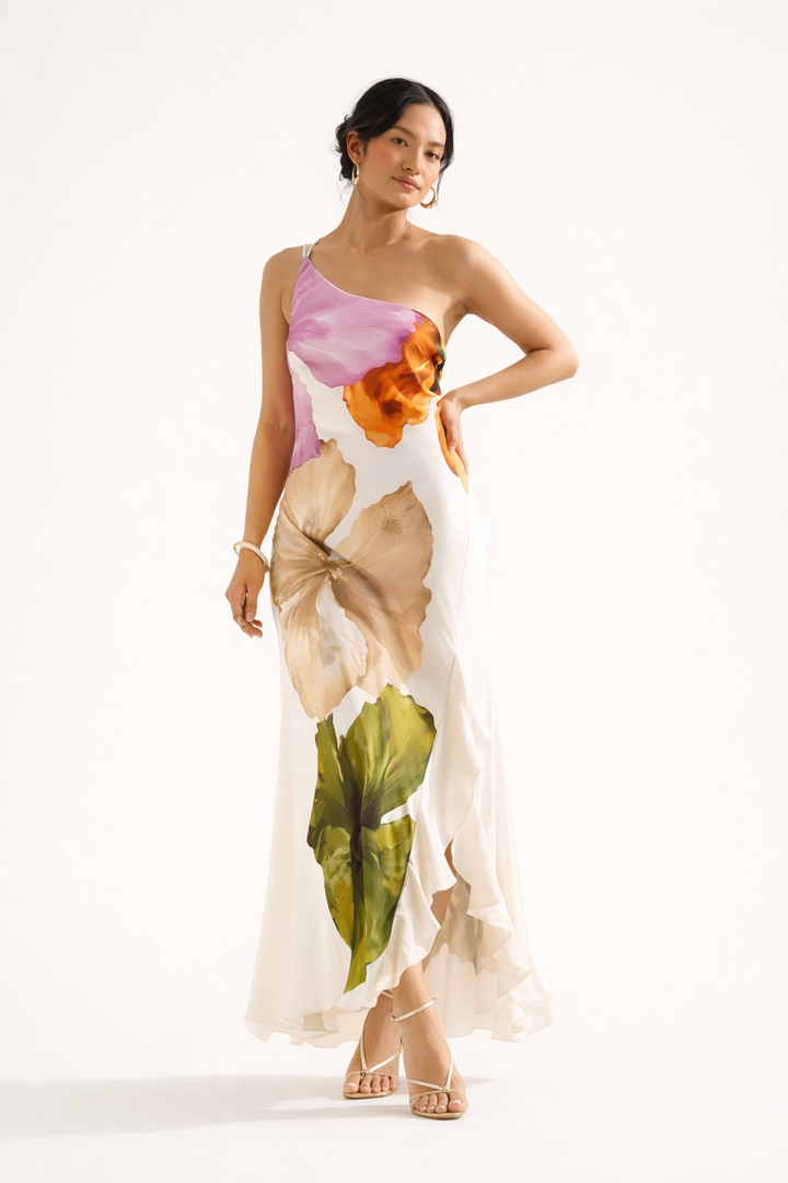 Asymmetrisches langes Kleid mit Blumenmuster für den Frühling - Loise