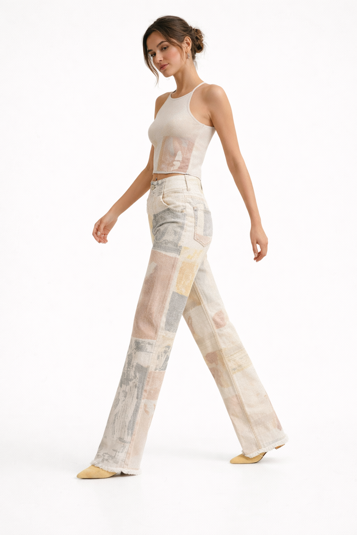 Damenhose mit weitem Bein und Kunstdruck - Grace