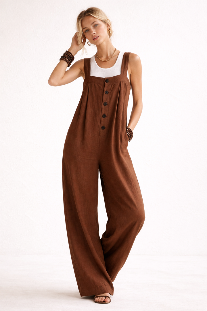 Langer Jumpsuit mit breiten Trägern und Knöpfen vorne für Frauen - Corinna