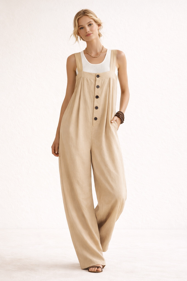 Langer Jumpsuit mit breiten Trägern und Knöpfen vorne für Frauen - Corinna