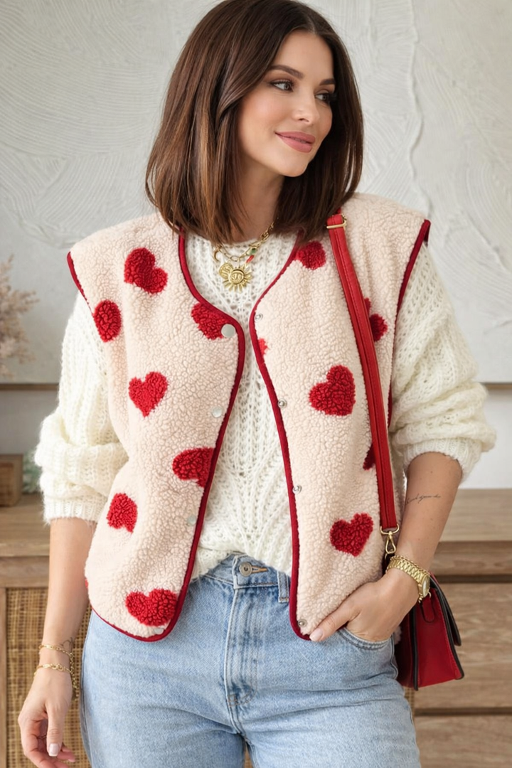 Damen Plüschweste Herzmotiv Fleece Knopfleiste - Bere