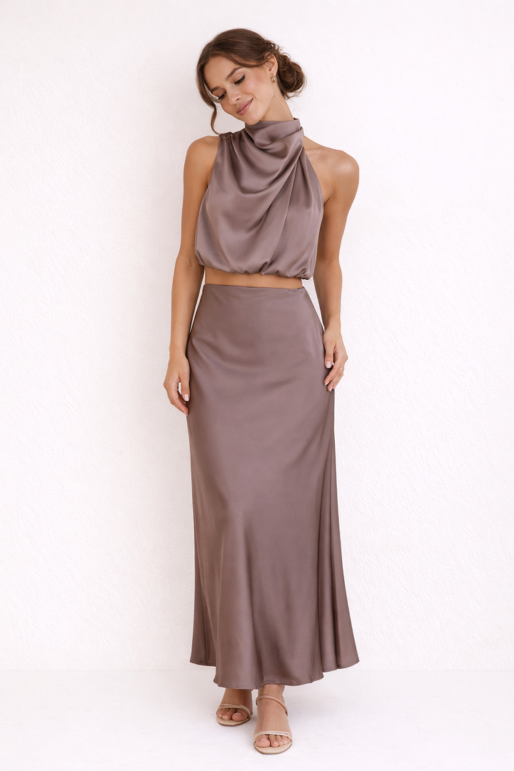 Set langer Rock und elegantes drapiertes Neckholder-Top für Frauen - Marlene