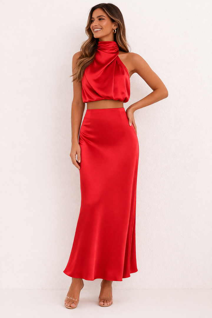 Set langer Rock und elegantes drapiertes Neckholder-Top für Frauen - Marlene