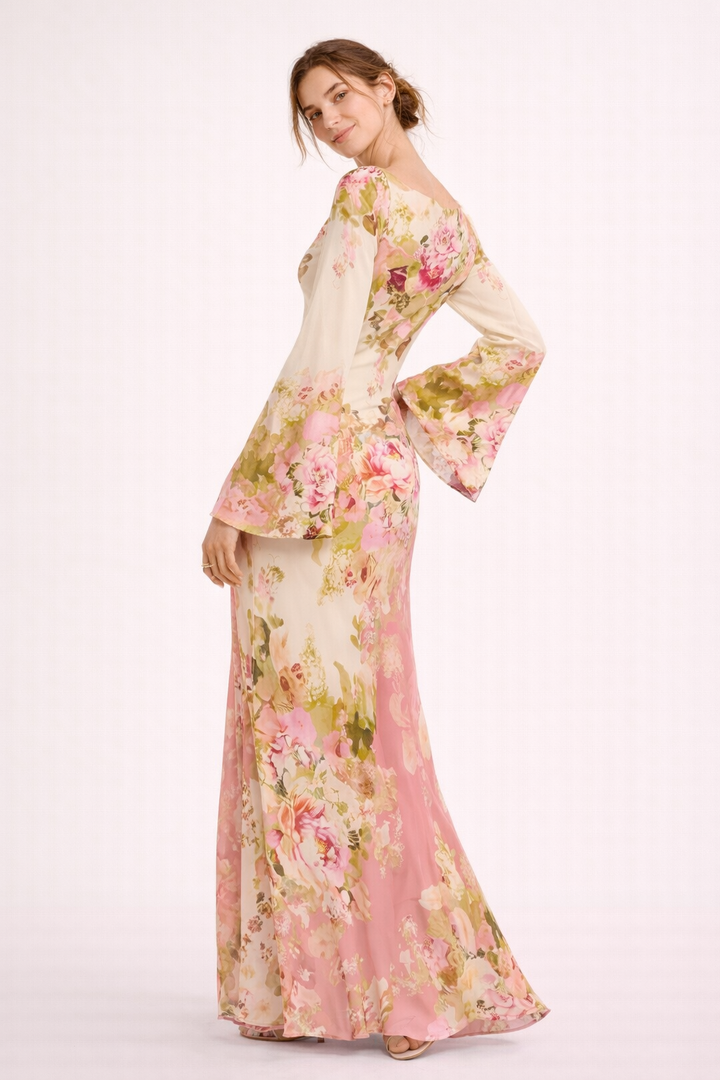 Damen Maxikleid mit Blumendruck und ausgestellten Ärmeln - Helga