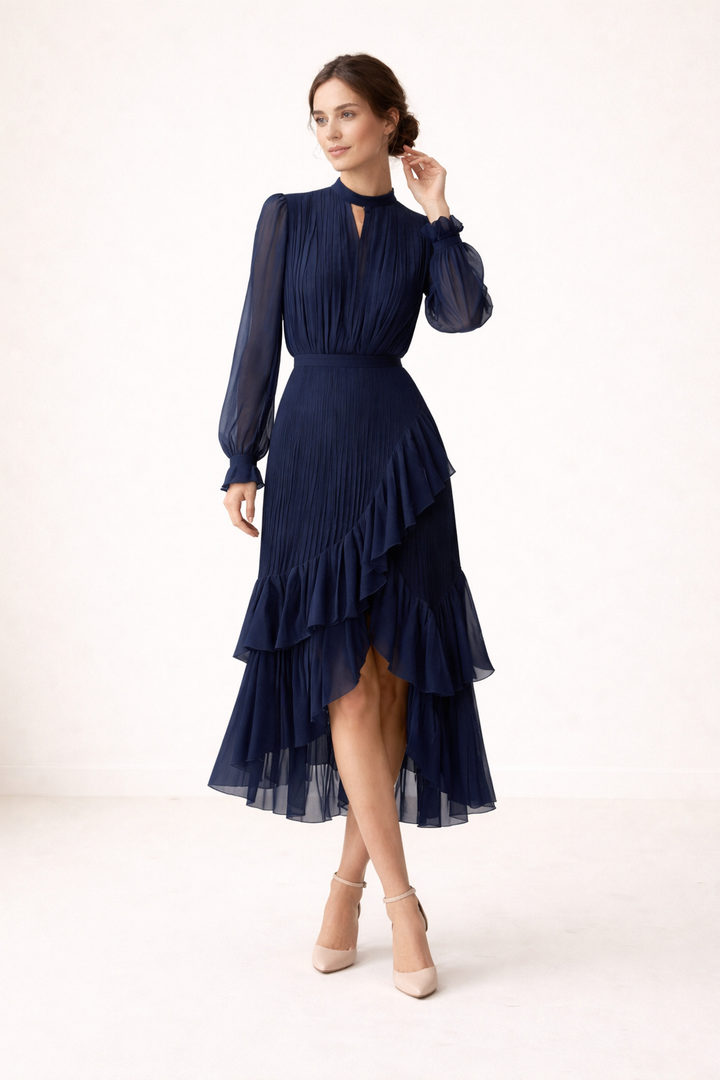 Midikleid mit Plissee, lange Ärmel, femininer Schnitt - Anika
