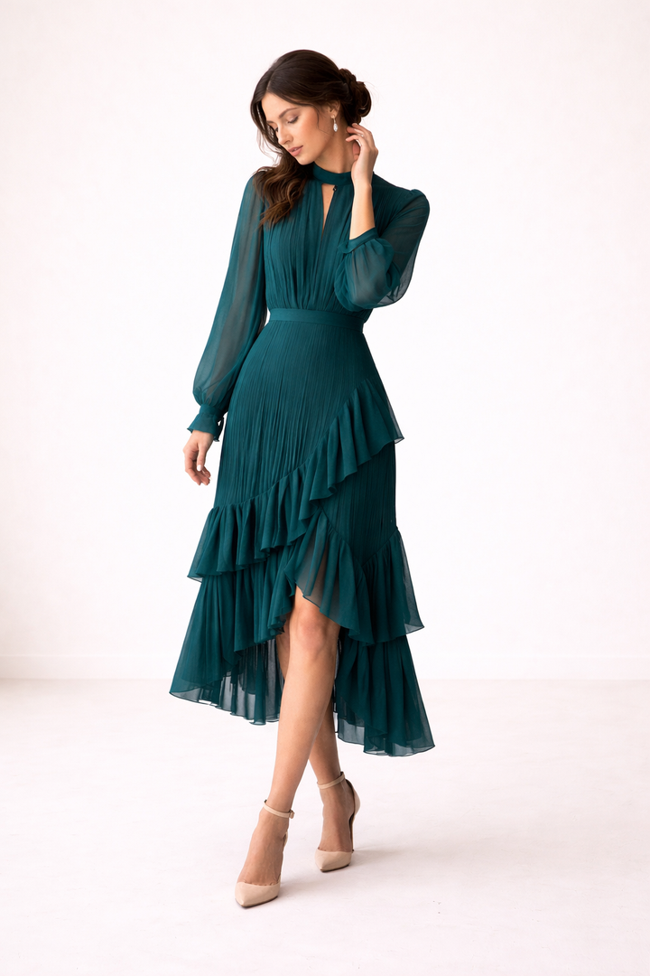 Midikleid mit Plissee, lange Ärmel, femininer Schnitt - Anika