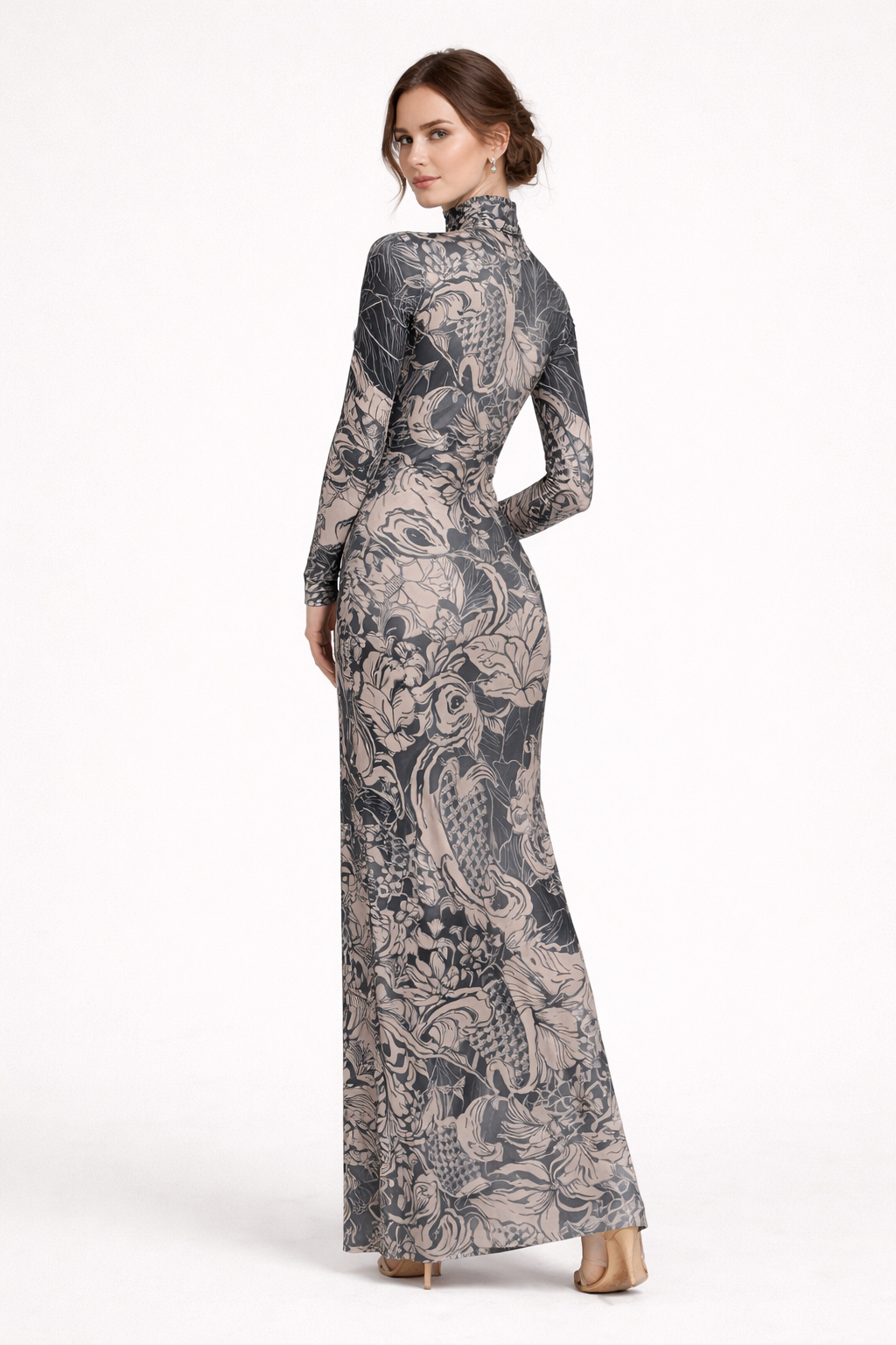 Langärmeliges Maxikleid für Damen mit hohem Halsausschnitt und Print - Baddie