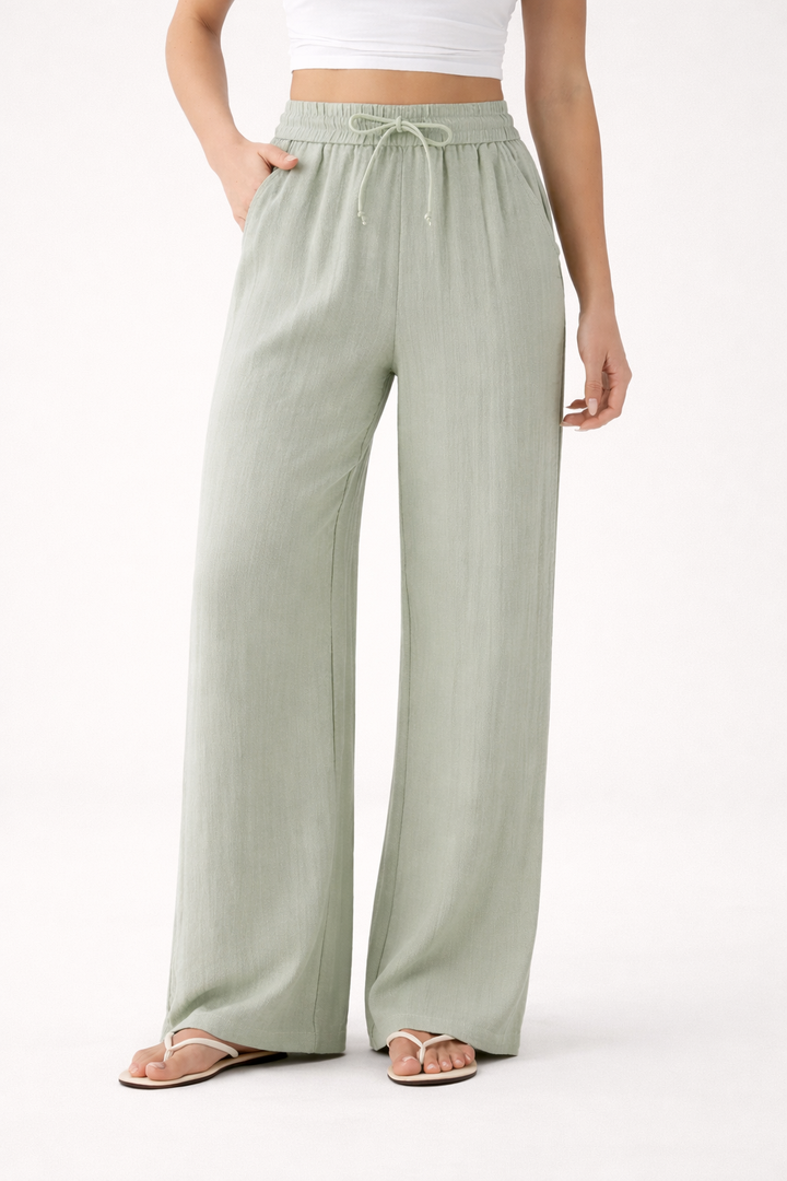 Weite Leinenhose für Damen mit Gummizug in der Taille und verstellbarem Kordelzug - Brisa