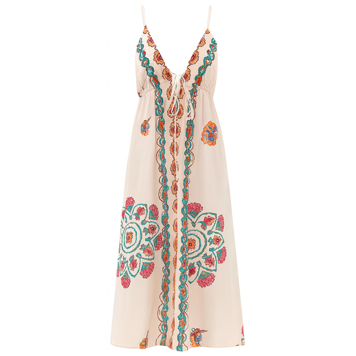 Langes Kleid mit Neckholderausschnitt und Blumenstickerei - Elara