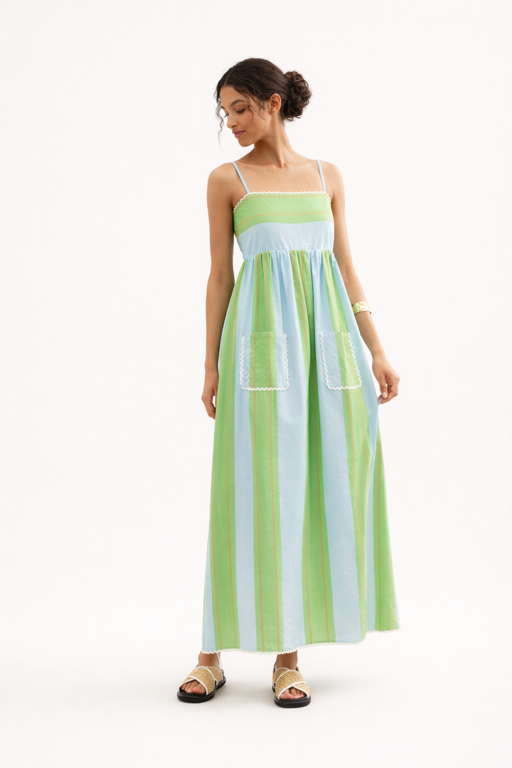 Damen Maxikleid mit dünnen Trägern und gestreiftem Muster - Liora