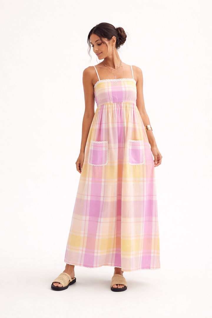 Damen Maxikleid mit dünnen Trägern und gestreiftem Muster - Liora