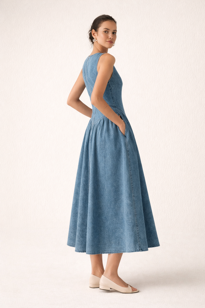 Ärmelloses Jeanskleid Midi ärmelloses Kleid baggy lässiges Sommerkleid - Keyla