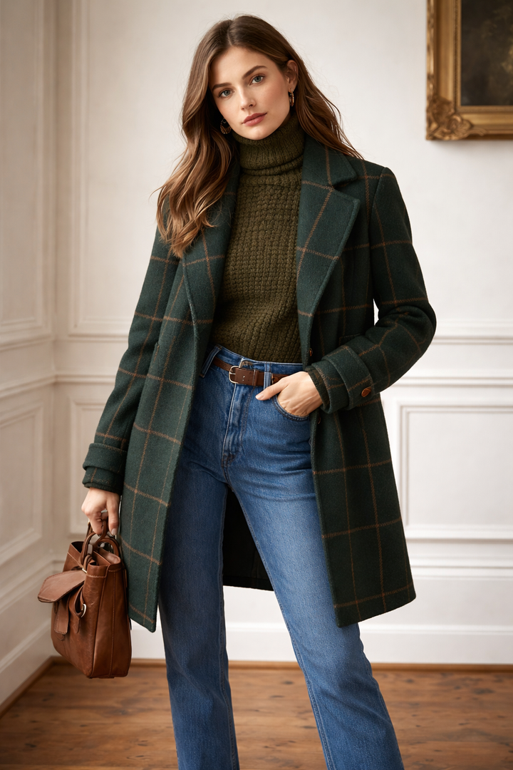 Eleganter Damenmantel mit breitem Revers und Karomuster - Yara