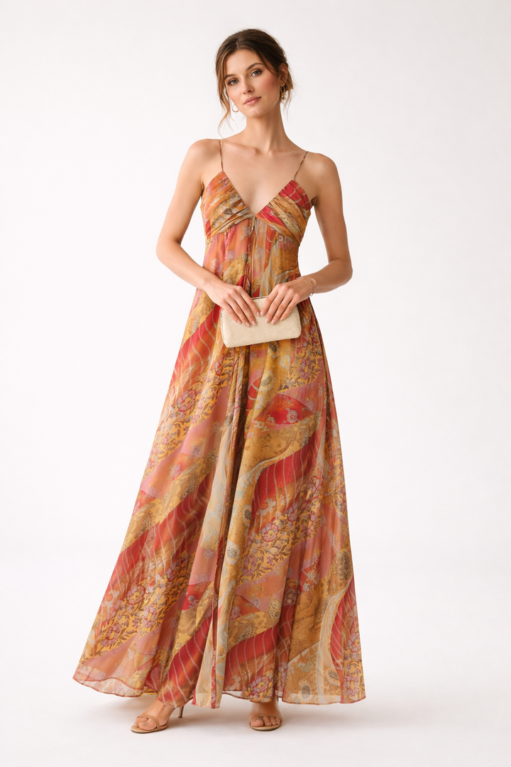 Langes Damenkleid mit dünnen Trägern und V-Ausschnitt - Ragnhild