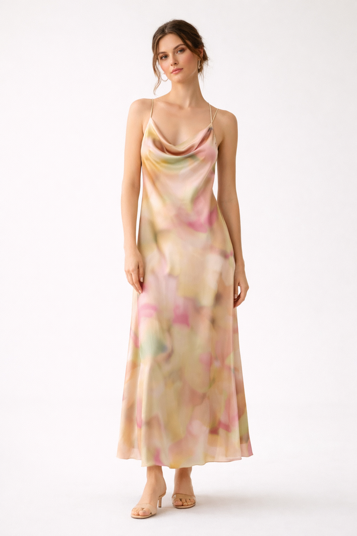Langes Damenkleid mit dünnen Trägern und Ausschnitt - Elinor