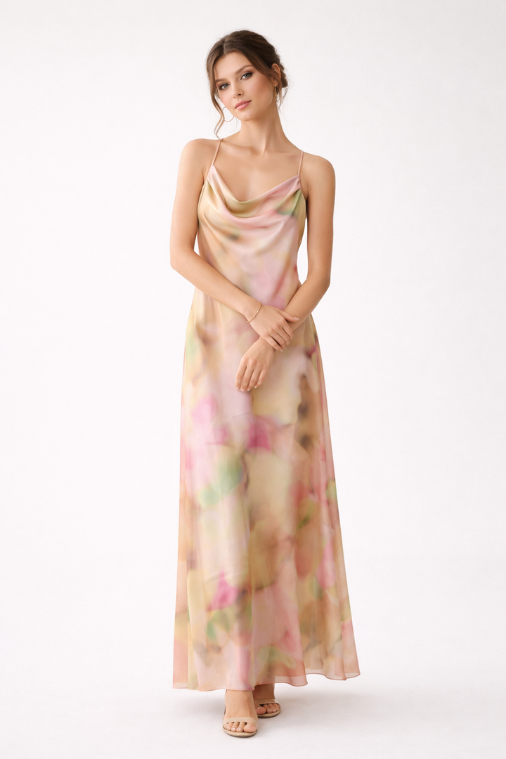 Langes Damenkleid mit dünnen Trägern und Ausschnitt - Elinor