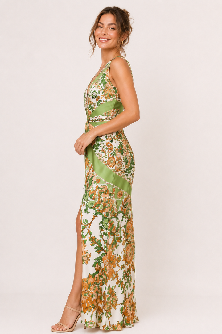 Gemustertes Damenkleid mit V-Ausschnitt und figurbetonter Passform  – Ottilie