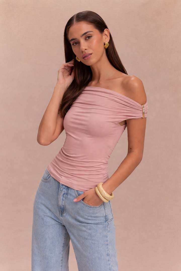 Schulterfreies, tailliertes Damen-Top mit Metallic-Detail - Kinsley