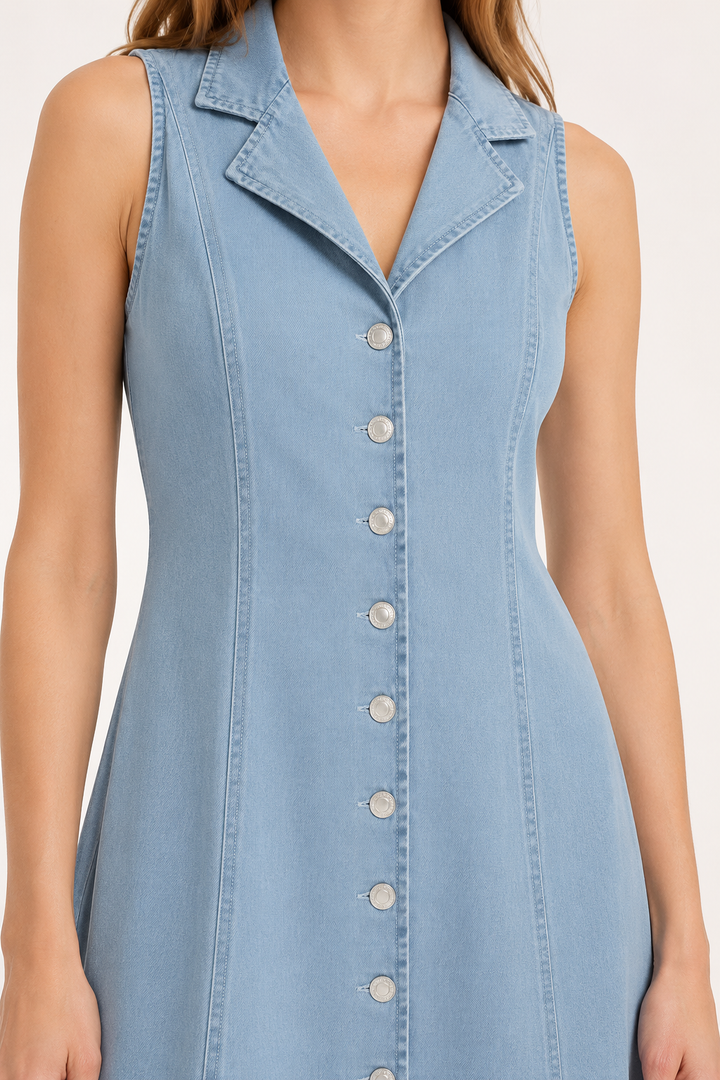 Langes ärmelloses Denim-Kleid mit Knopfleiste - Elara