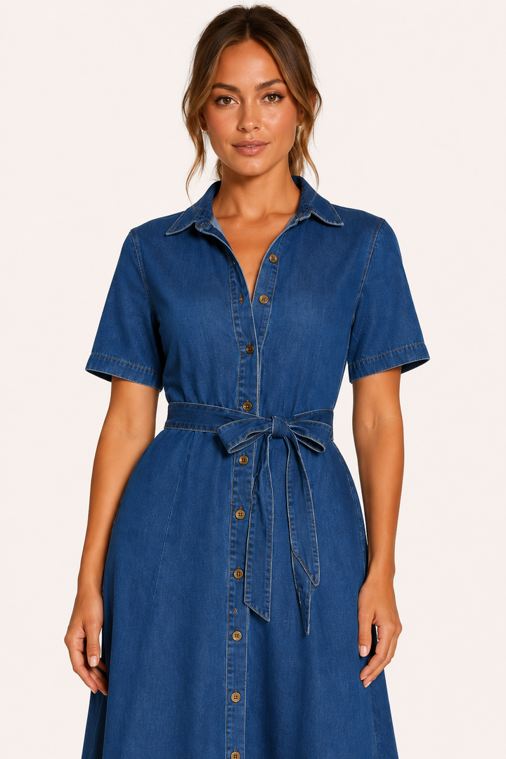 Damen Midikleid Denim lässig mit Gürtel und Knöpfen - Klara