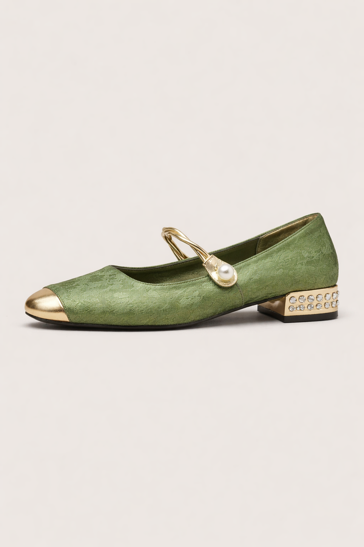 Damen Ballerina Pumps mit Metallic-Spitze und Blockabsatz mit Kristallen - Valeria