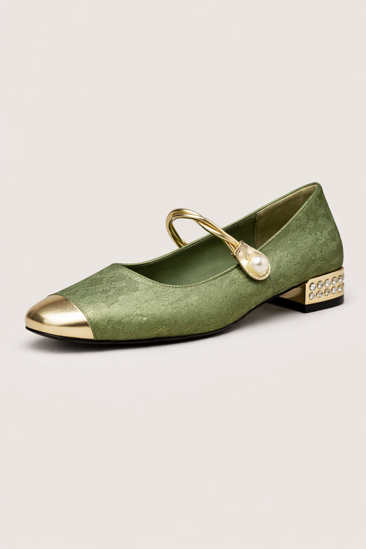 Damen Ballerina Pumps mit Metallic-Spitze und Blockabsatz mit Kristallen - Valeria