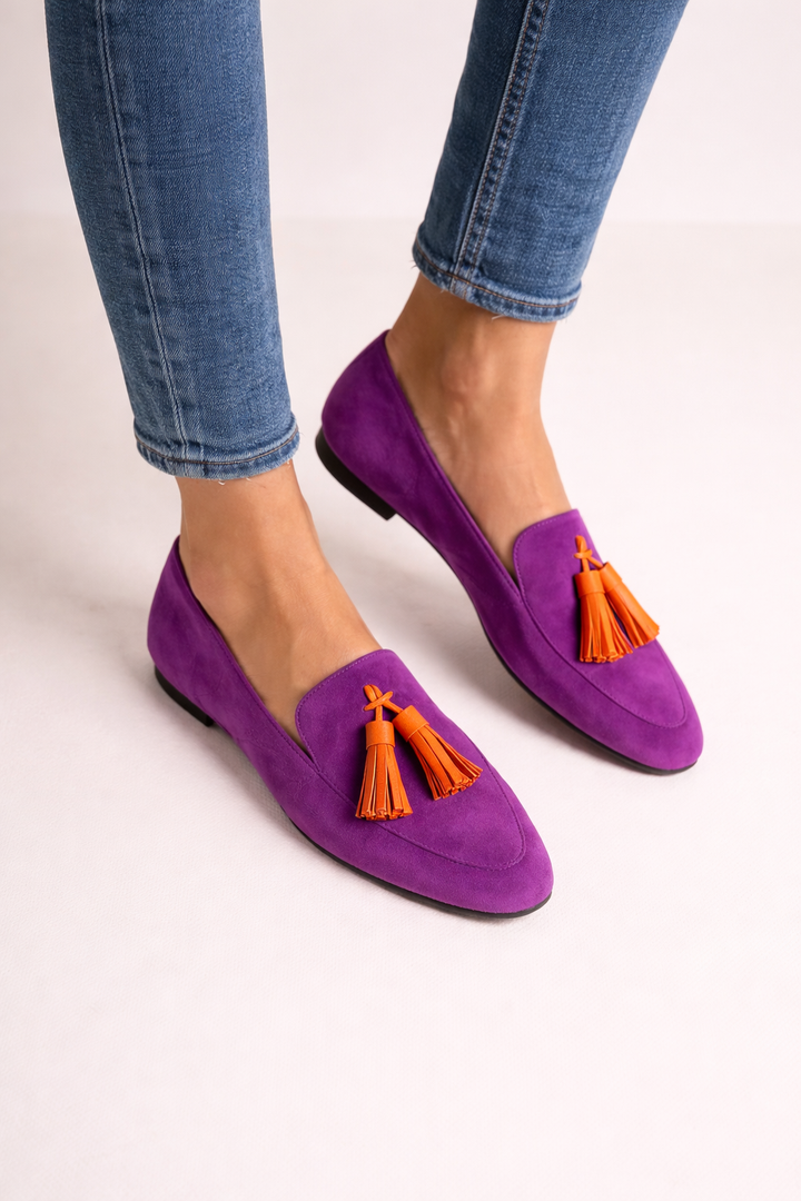 Damen Quasten Loafer Wildleder lila runde Zehe flache Sohle – Elvara