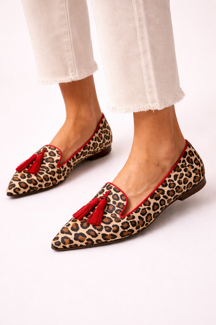 Damen Slipper feine Zehe Quasten Leopardenmuster - Xirela