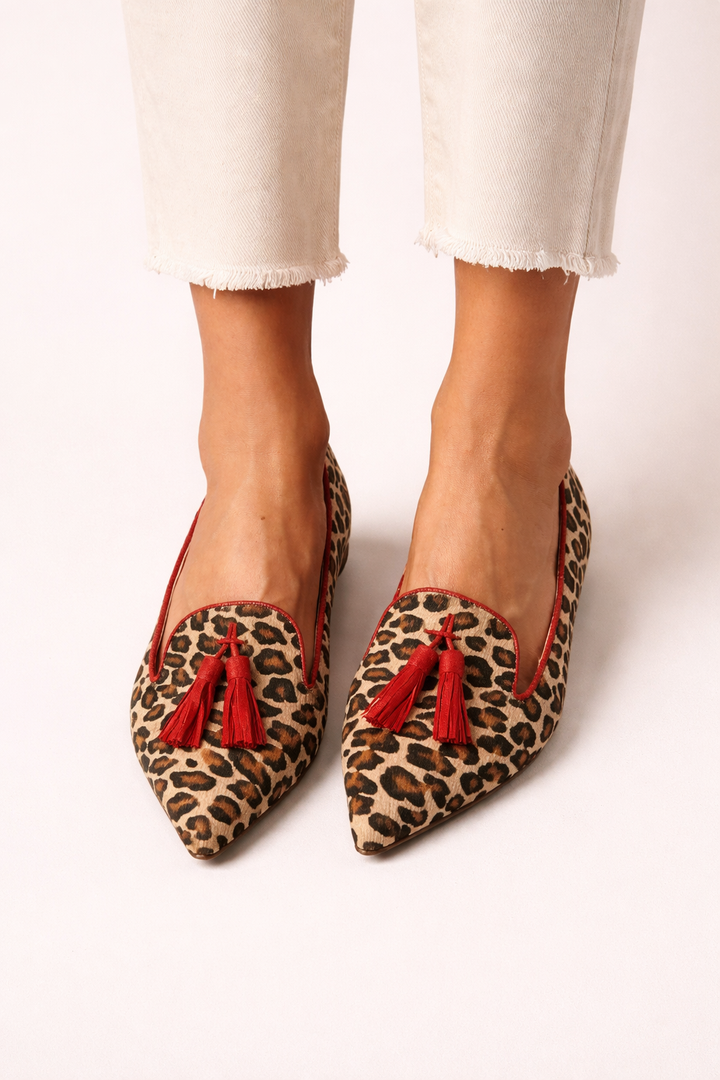 Damen Slipper feine Zehe Quasten Leopardenmuster - Xirela