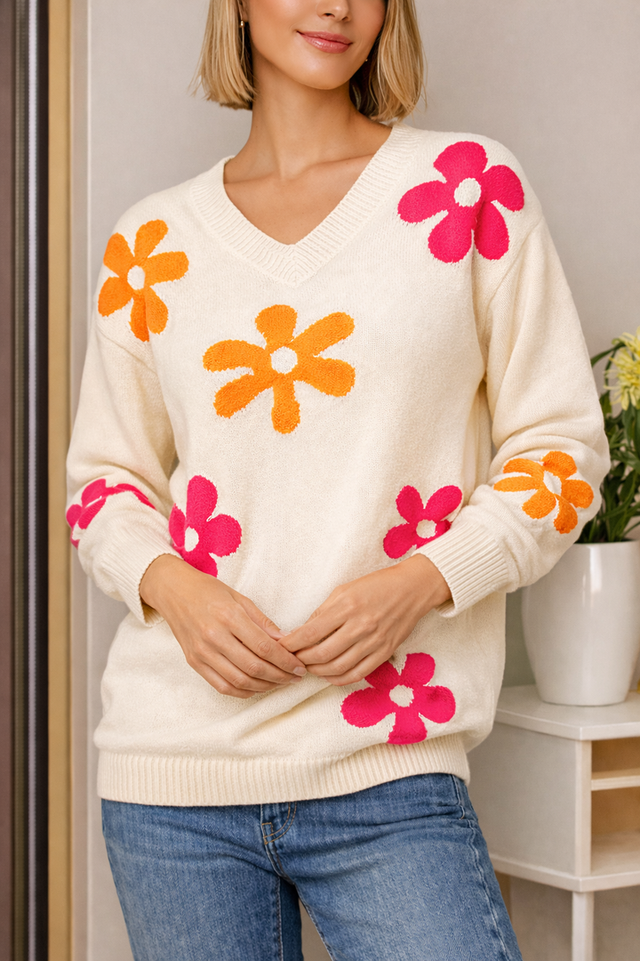 Damen Pullover mit V-Ausschnitt aus geblümtem Strick - Sahori