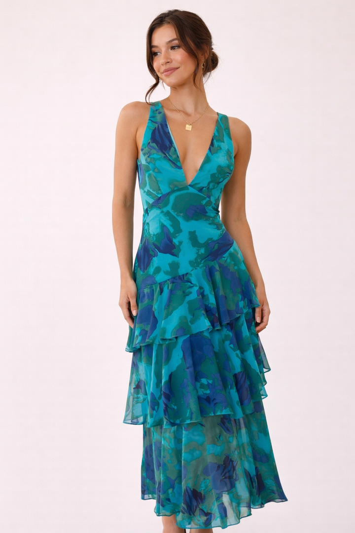 Langes Chiffonkleid mit V-Ausschnitt für Frauen - Domenica