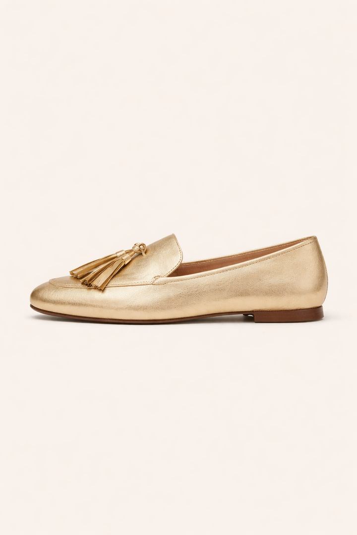 Flache Damen-Slipper mit Metallic-Leder-Effekt und Quasten - Trevia