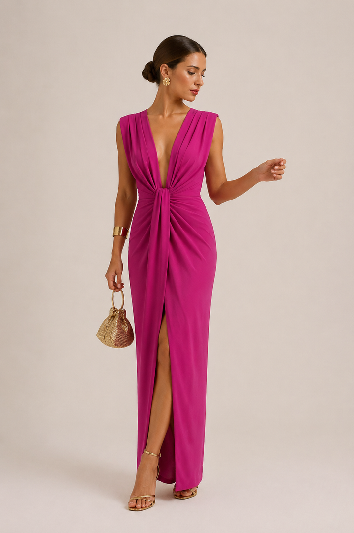 Damen Midikleid mit gerafftem V-Ausschnitt Partykleid - Julia
