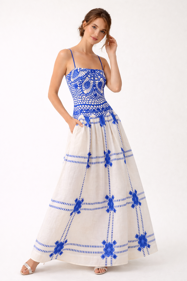 Midikleid mit Häkeldruck und dünnen Trägern für Frauen - Alba