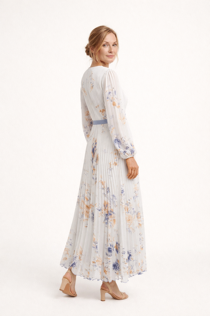 Plissiertes Maxikleid mit langen Ärmeln und überkreuztem Ausschnitt für Damen - Alwine