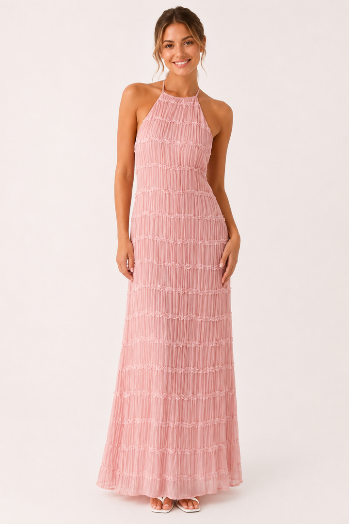 Langes, plissiertes Sommerkleid mit elegantem Neckholder-Ausschnitt – Tilda