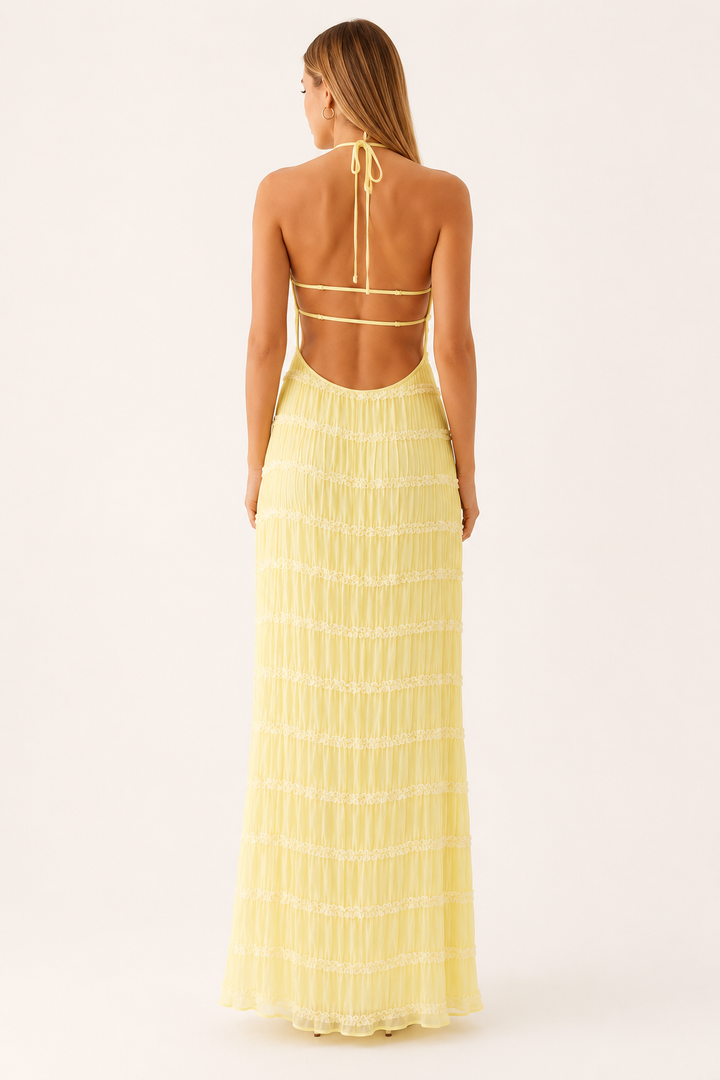 Langes, plissiertes Sommerkleid mit elegantem Neckholder-Ausschnitt – Tilda