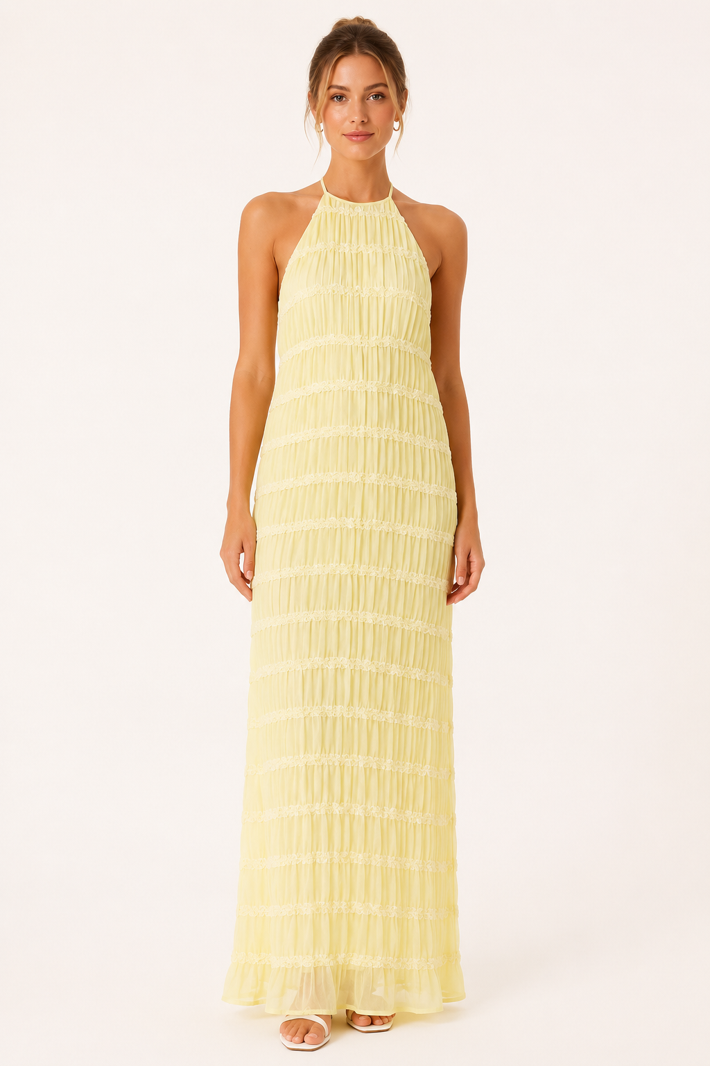 Langes, plissiertes Sommerkleid mit elegantem Neckholder-Ausschnitt – Tilda