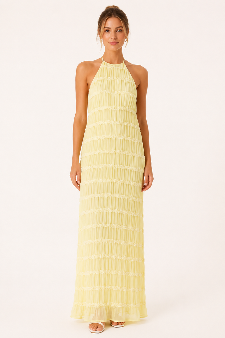 Langes, plissiertes Sommerkleid mit elegantem Neckholder-Ausschnitt – Tilda