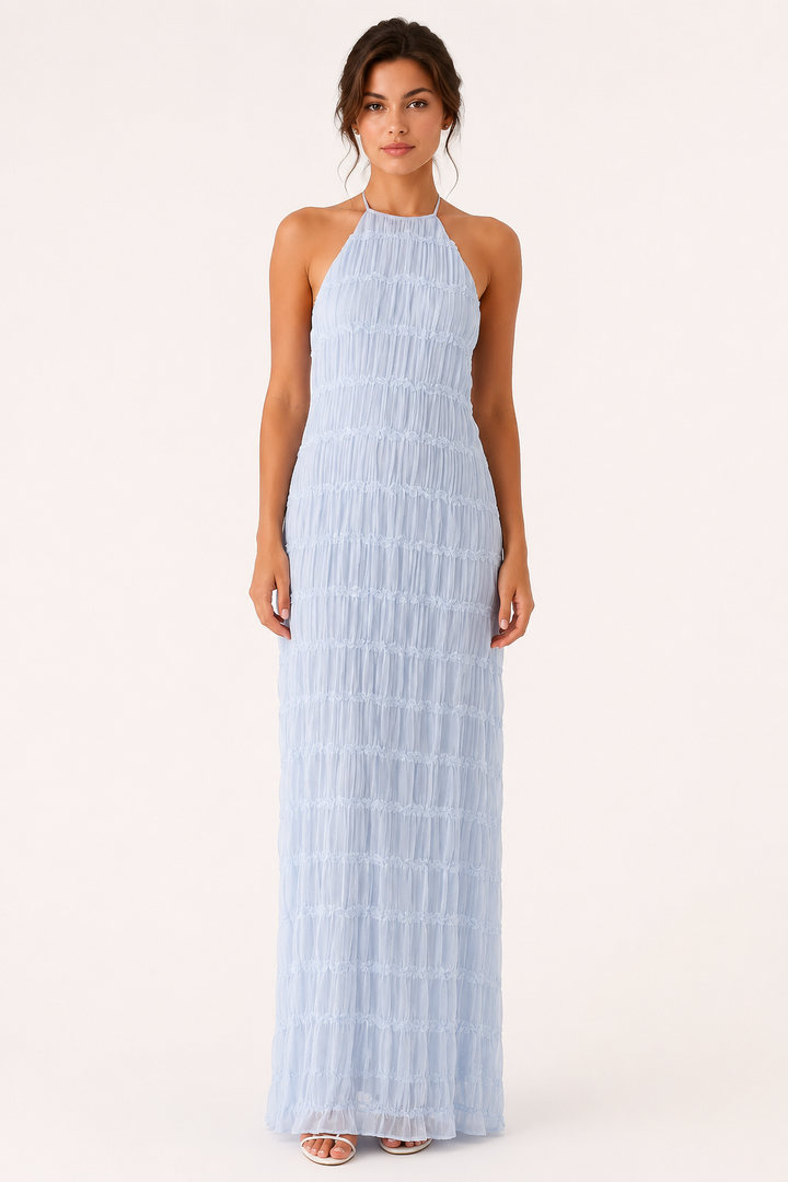 Langes, plissiertes Sommerkleid mit elegantem Neckholder-Ausschnitt – Tilda