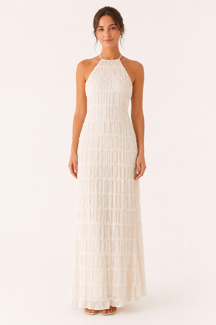 Langes, plissiertes Sommerkleid mit elegantem Neckholder-Ausschnitt – Tilda