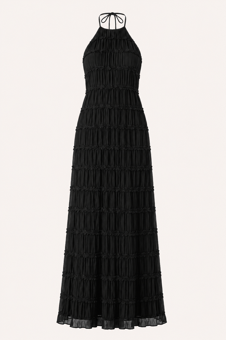 Langes, plissiertes Sommerkleid mit elegantem Neckholder-Ausschnitt – Tilda