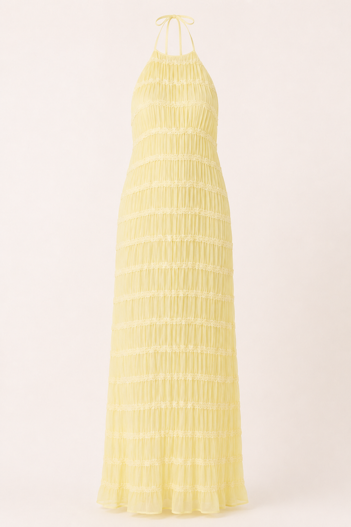 Langes, plissiertes Sommerkleid mit elegantem Neckholder-Ausschnitt – Tilda