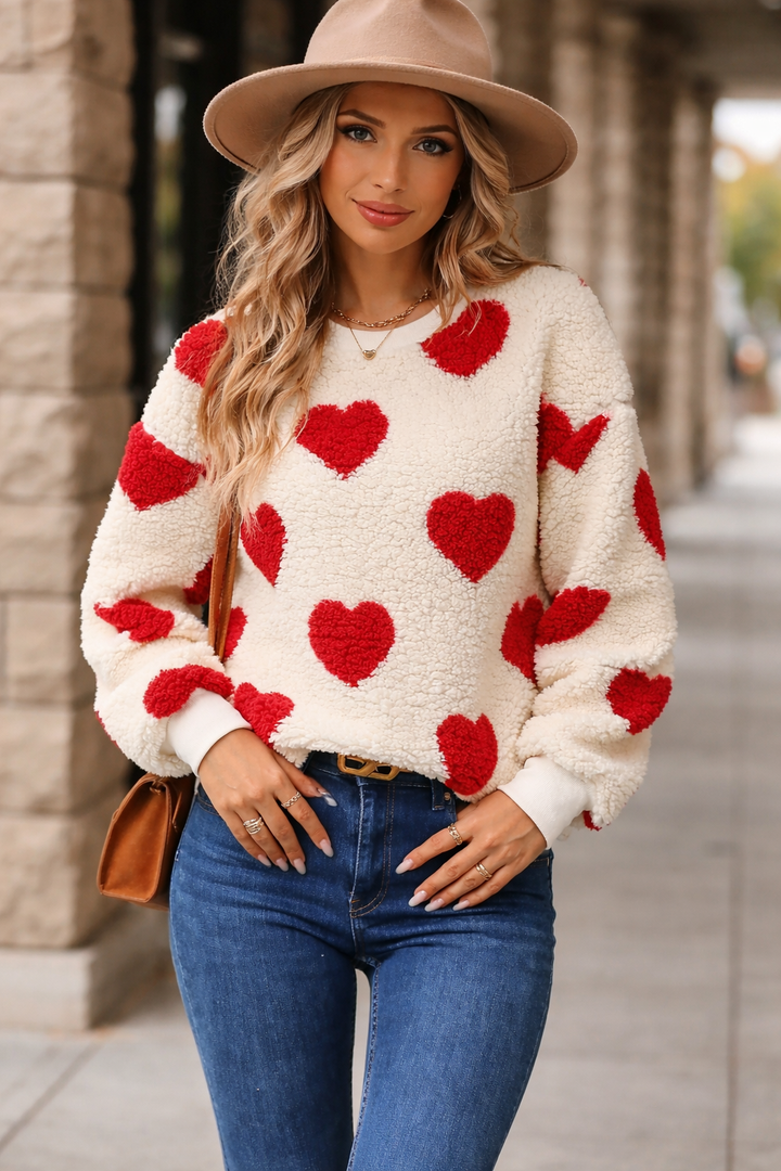 Damenpulli mit Herzmotiv und Fleece-Verarbeitung - Ilse