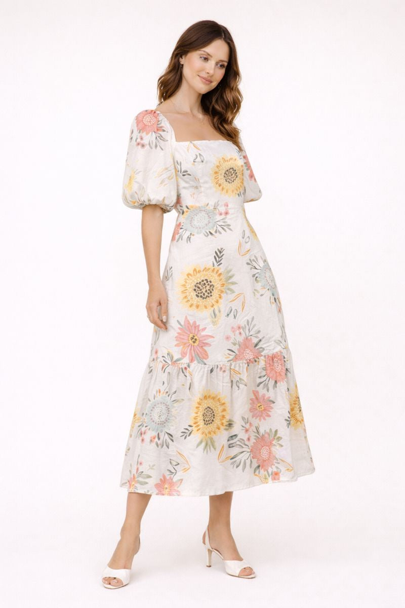 Damen-Midikleid mit Puffärmeln und Blumenmuster - Miry