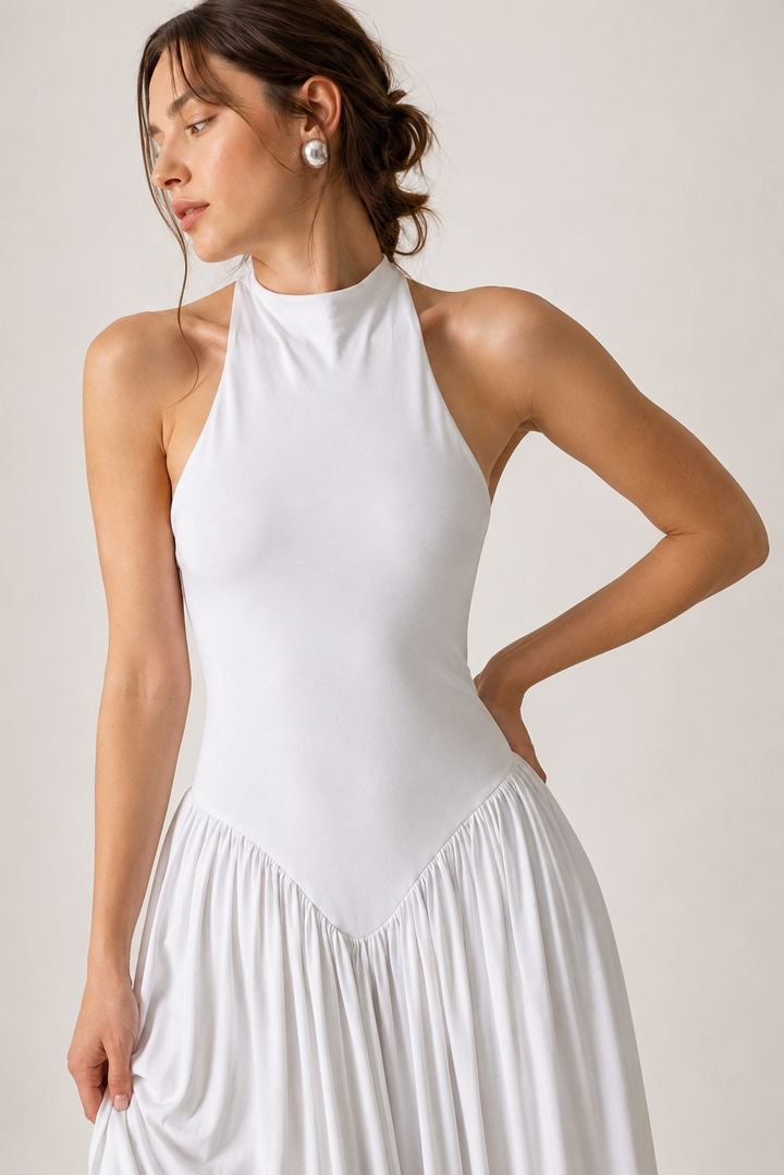 Langes Sommerkleid für Damen mit Halterkragen und fließendem Rock – Liv