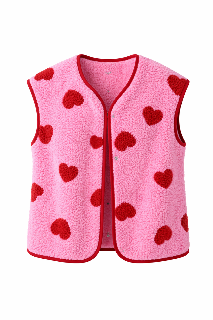 Damen Plüschweste Herzmotiv Fleece Knopfleiste - Bere