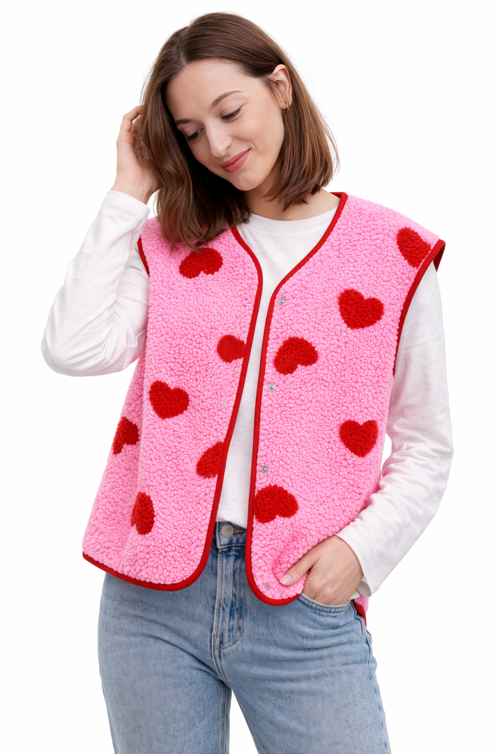 Damen Plüschweste Herzmotiv Fleece Knopfleiste - Bere