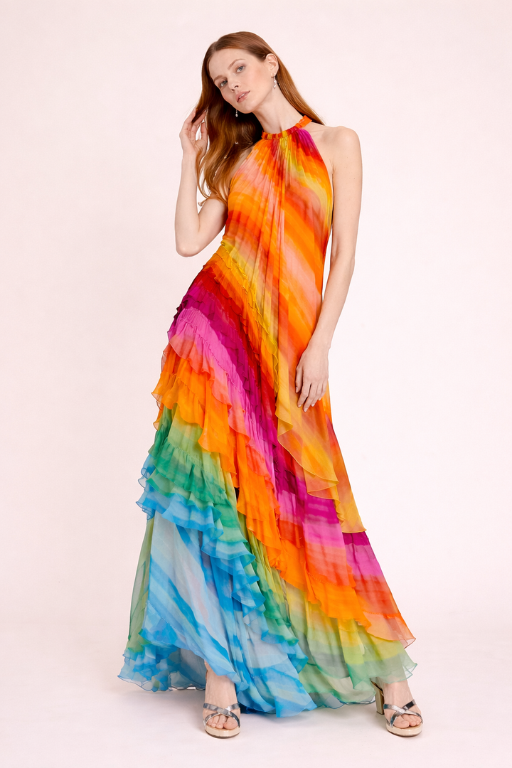 Mehrfarbiges Maxikleid für Frauen mit Neckholder-Ausschnitt - Kiana