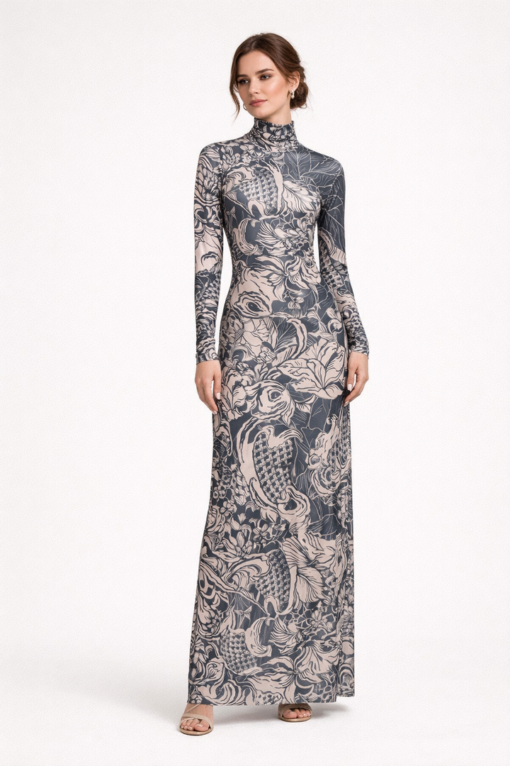 Langärmeliges Maxikleid für Damen mit hohem Halsausschnitt und Print - Baddie